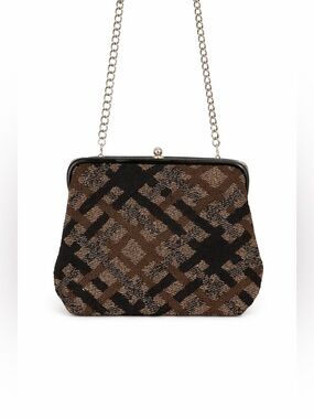 VINTAGE Women’s Black Brown Tweed Plaid Knit Fabric Chain Strap Clutch Handbag